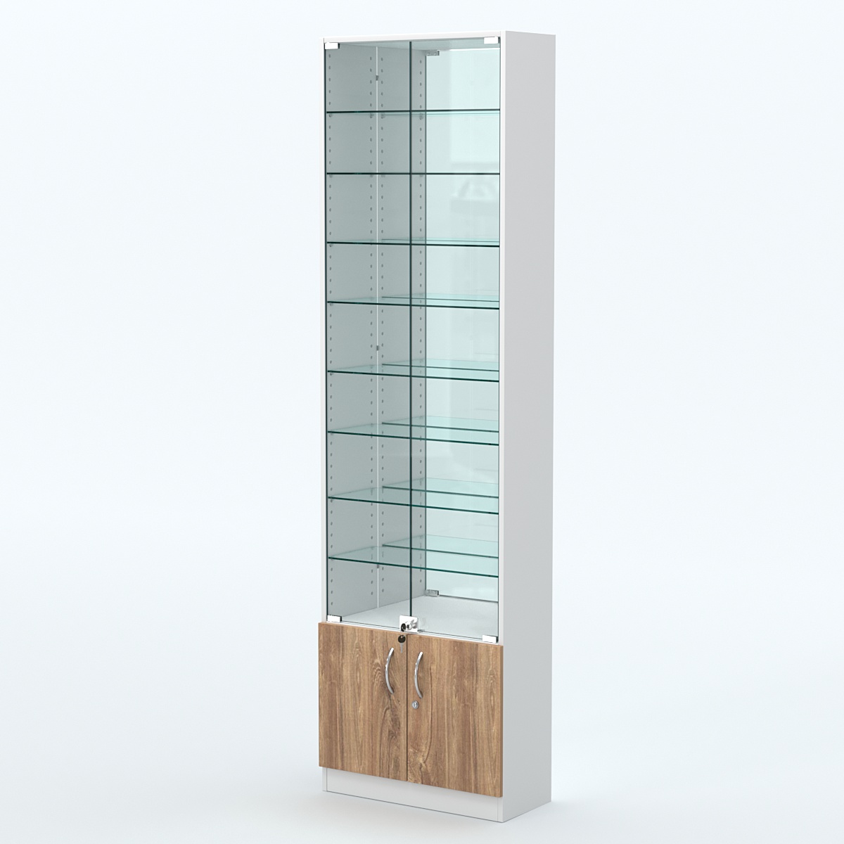 Торговая витрина с 8-ю стеклянными полками 250x600 мм серии NEXT-8 №4-2 (З/C - ЗЕРКАЛО) Белый + Дуб канзас коричневый