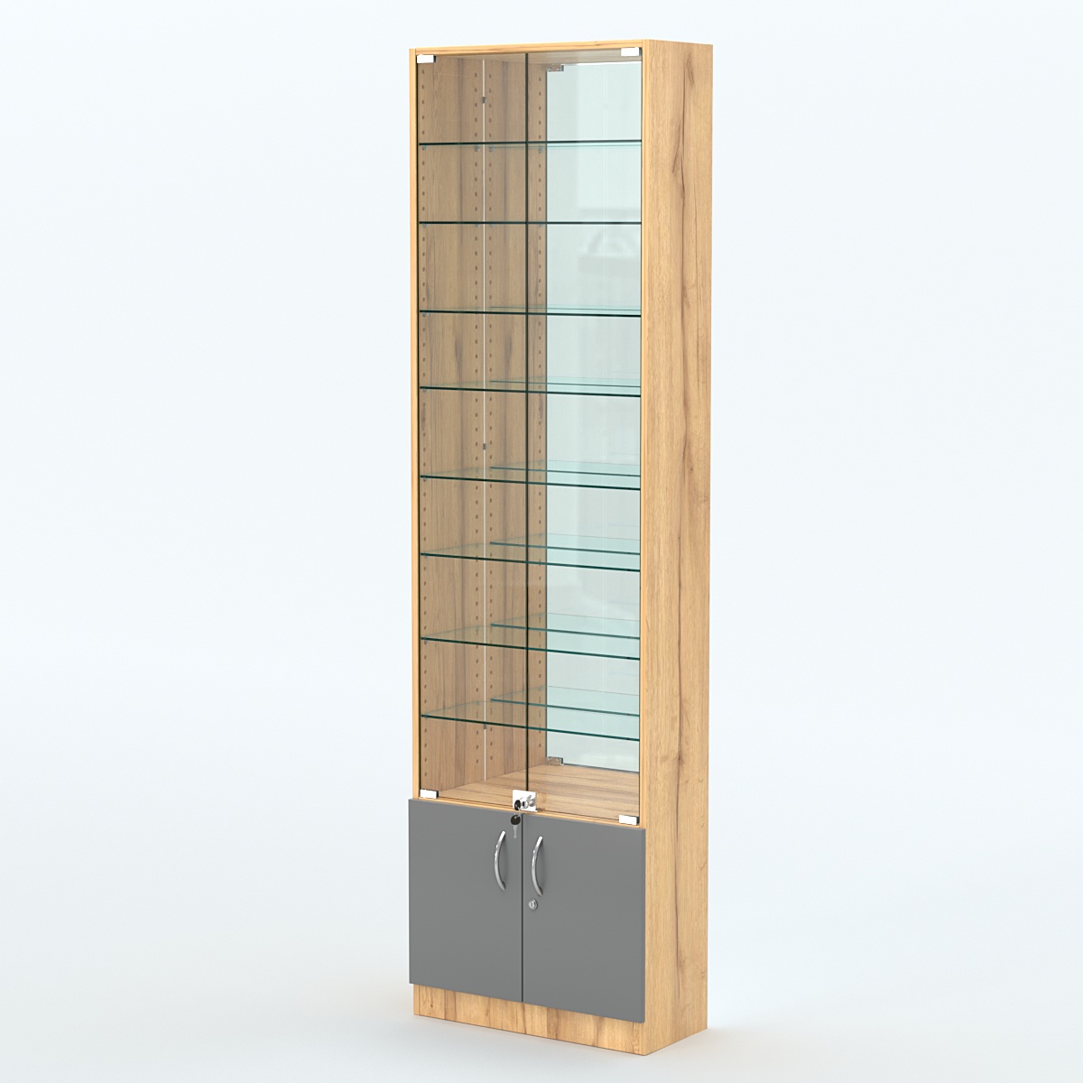 Торговая витрина с 8-ю стеклянными полками 250x600 мм серии NEXT-8 №4-2 (З/C - ЗЕРКАЛО) Дуб Золотистый и Темно-Серый