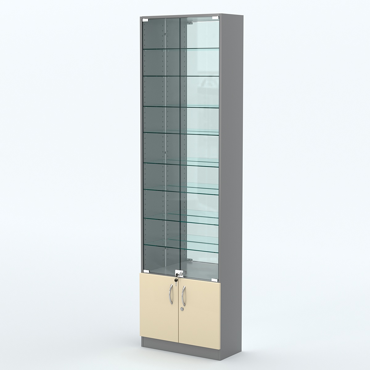 Торговая витрина с 8-ю стеклянными полками 250x600 мм серии NEXT-8 №4-2 (З/C - ЗЕРКАЛО) Темно-серый + Крем Вайс
