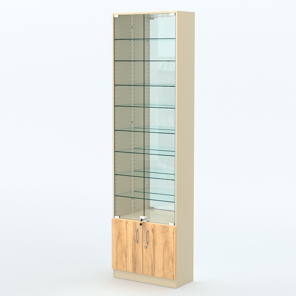 Торговая витрина с 8-ю стеклянными полками 250x600 мм серии NEXT-8 №4-2 (З/C - ЗЕРКАЛО) Крем Вайс и Дуб Золотистый
