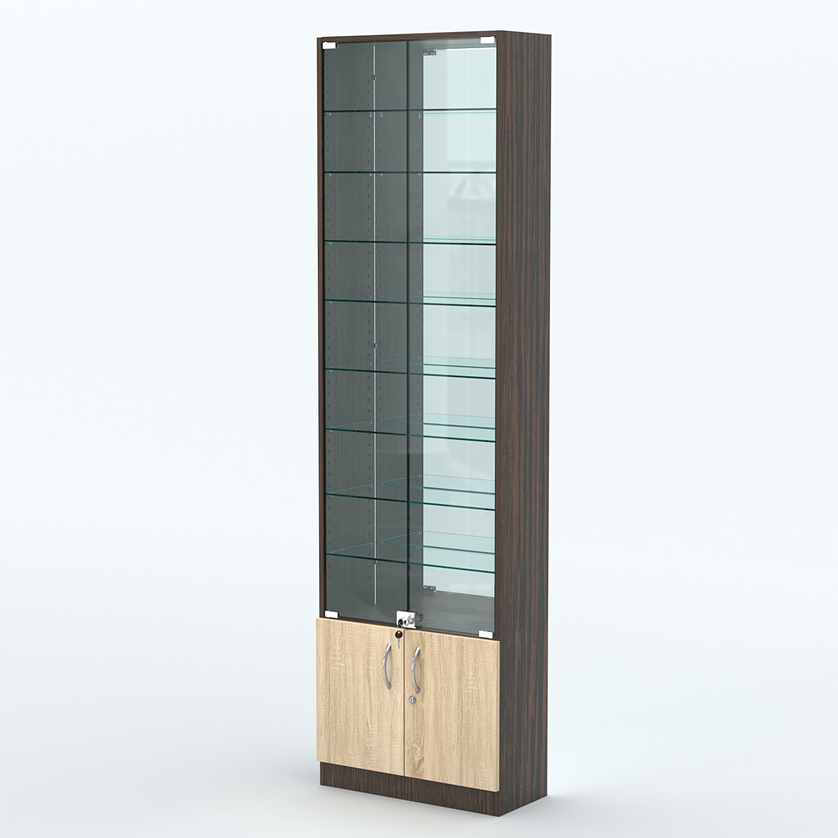 Торговая витрина с 8-ю стеклянными полками 250x600 мм серии NEXT-8 №4-2 (З/C - ЗЕРКАЛО) Дуб Венге + Дуб Сонома