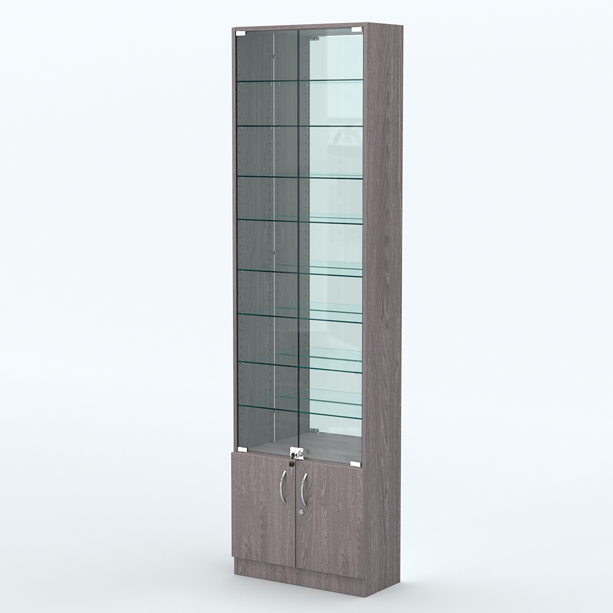 Торговая витрина с 8-ю стеклянными полками 250x600 мм серии NEXT-8 №4-2 (З/C - ЗЕРКАЛО) Ясень Анкор темный