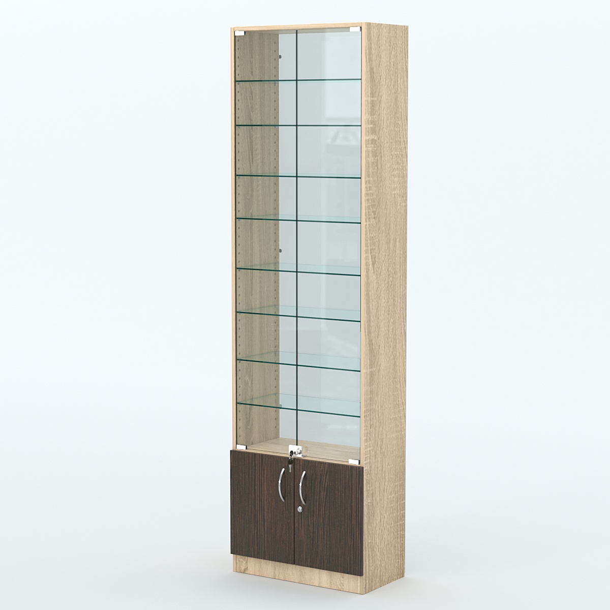 Торговая витрина с 8-ю стеклянными полками 300x600 мм серии NEXT-8 №5-1 (З/C - СТЕКЛО) Дуб Сонома + Дуб Венге