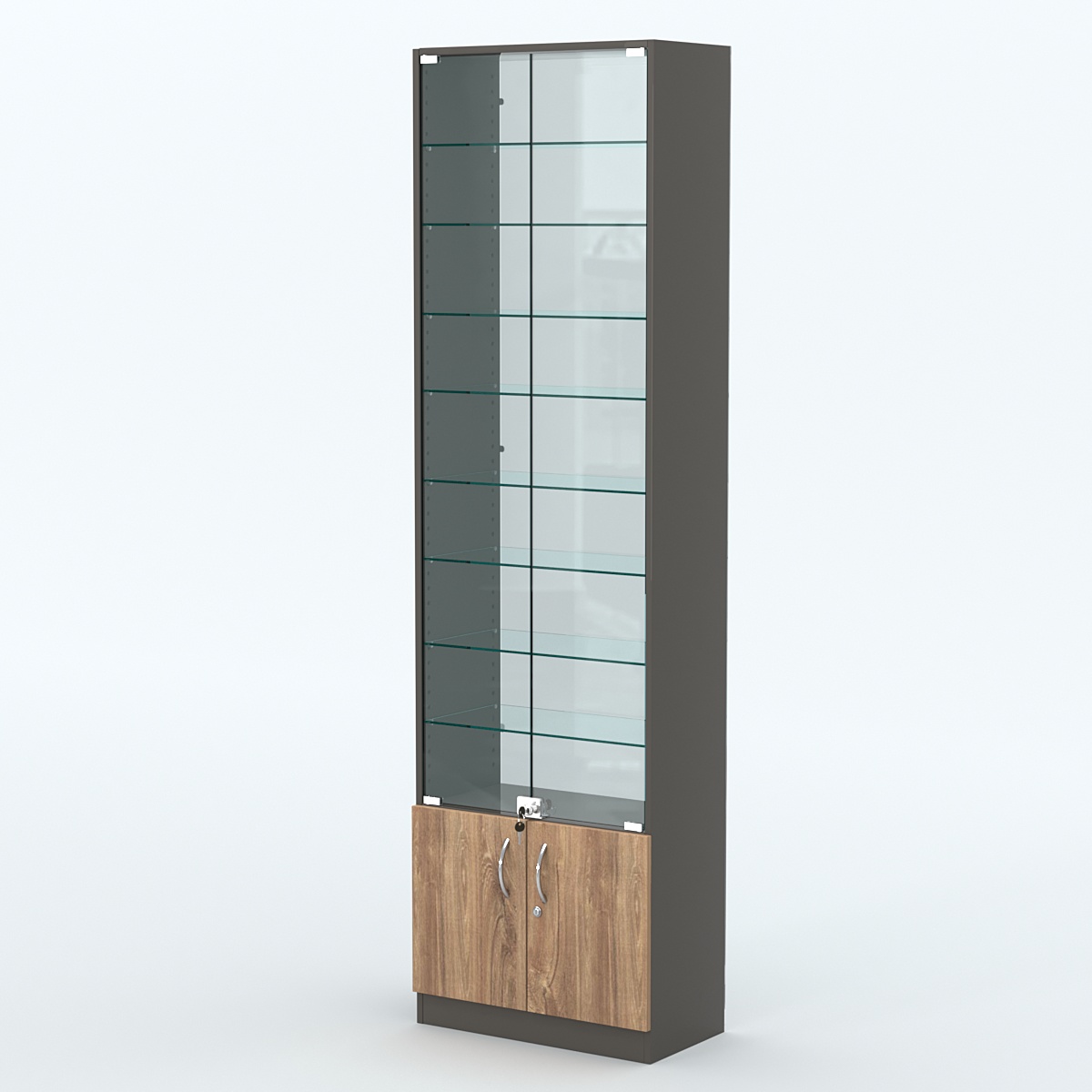 Торговая витрина с 8-ю стеклянными полками 300x600 мм серии NEXT-8 №5-1 (З/C - СТЕКЛО) Черный + Дуб Канзас Коричневый