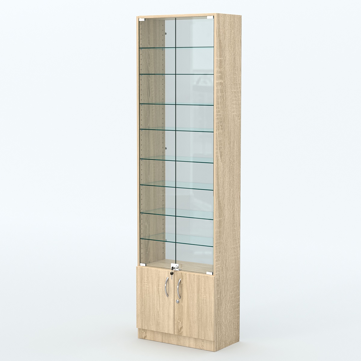 Торговая витрина с 8-ю стеклянными полками 300x600 мм серии NEXT-8 №5-1 (З/C - СТЕКЛО) Дуб сонома