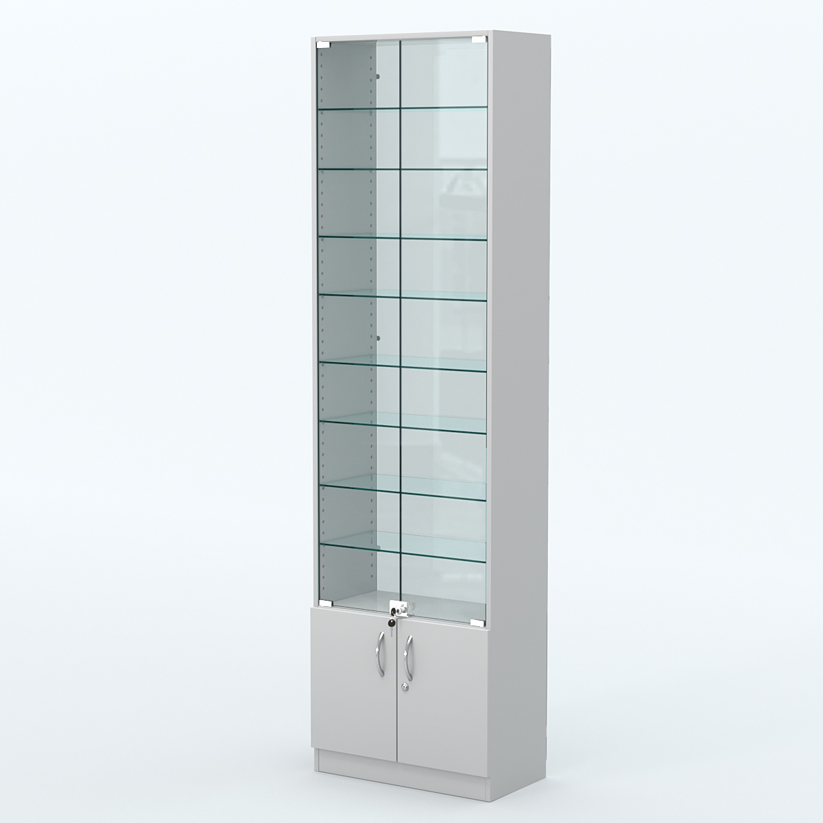 Торговая витрина с 8-ю стеклянными полками 300x600 мм серии NEXT-8 №5-1 (З/C - СТЕКЛО) Серый