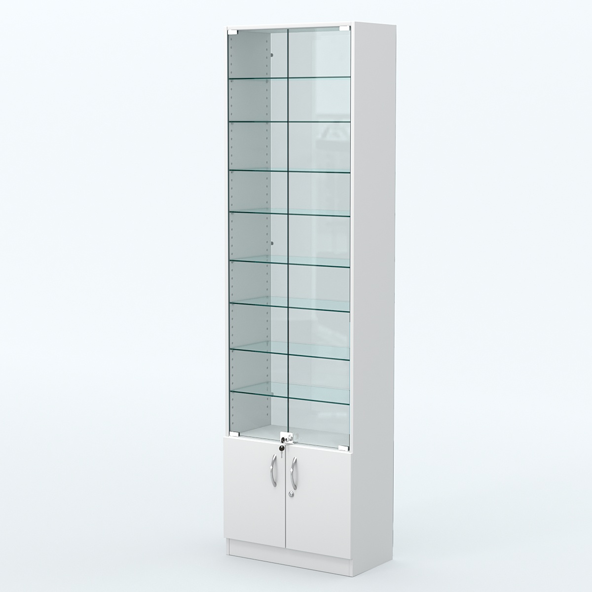 Торговая витрина с 8-ю стеклянными полками 300x600 мм серии NEXT-8 №5-1 (З/C - СТЕКЛО) Белый