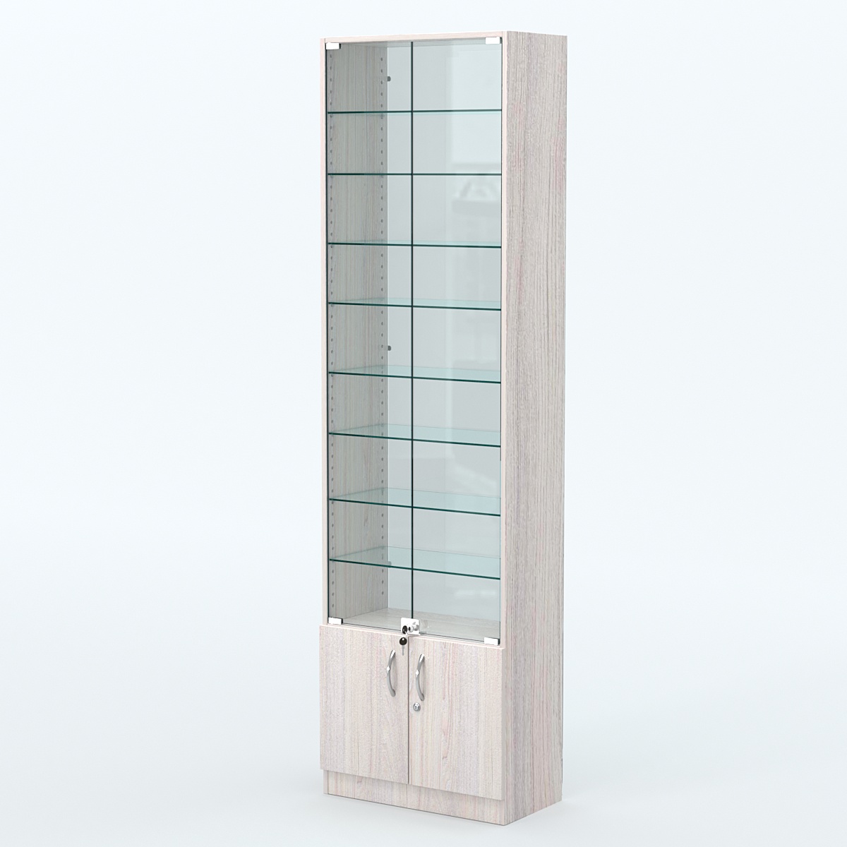 Торговая витрина с 8-ю стеклянными полками 300x600 мм серии NEXT-8 №5-1 (З/C - СТЕКЛО) Ясень Анкор светлый