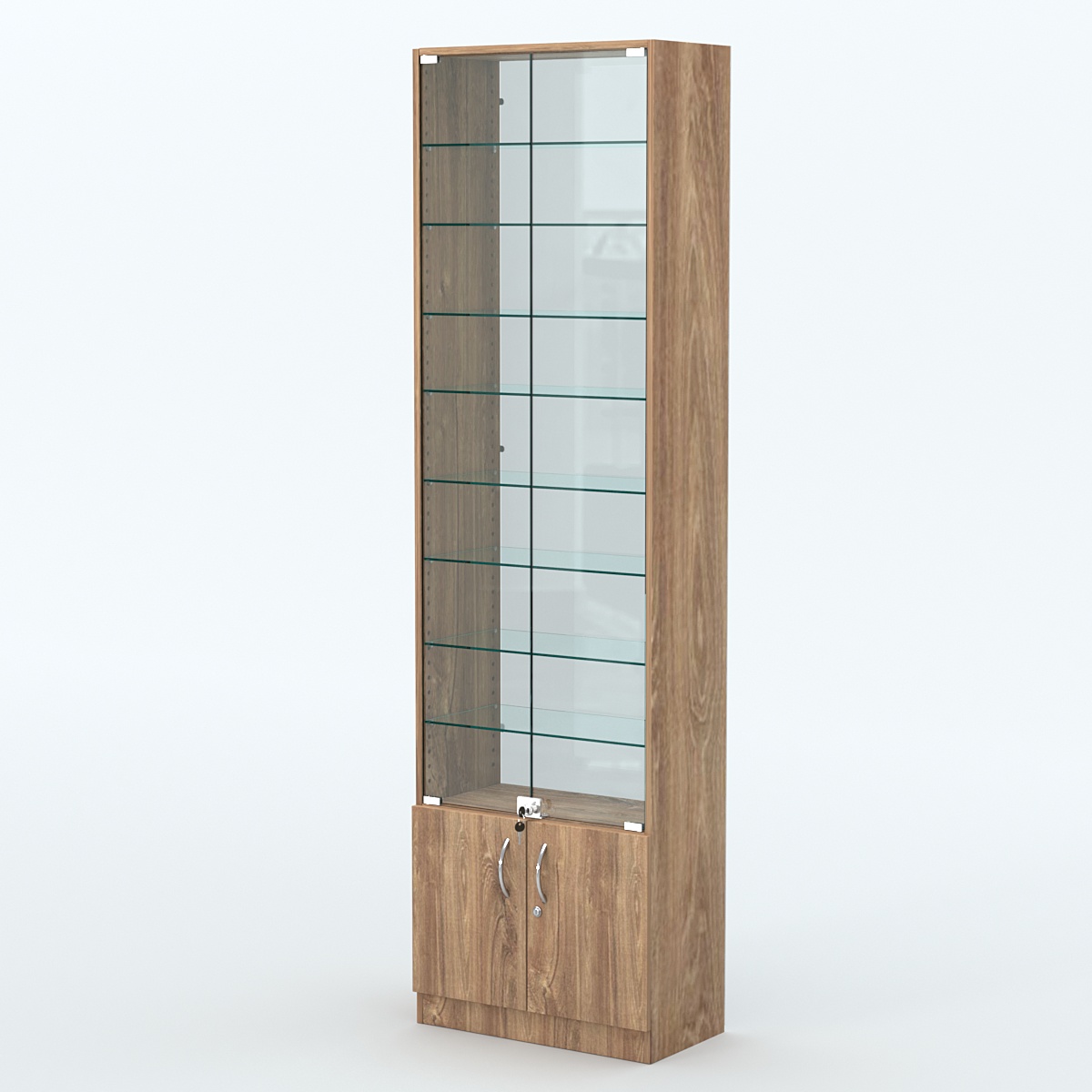 Торговая витрина с 8-ю стеклянными полками 300x600 мм серии NEXT-8 №5-1 (З/C - СТЕКЛО) Дуб Канзас коричневый