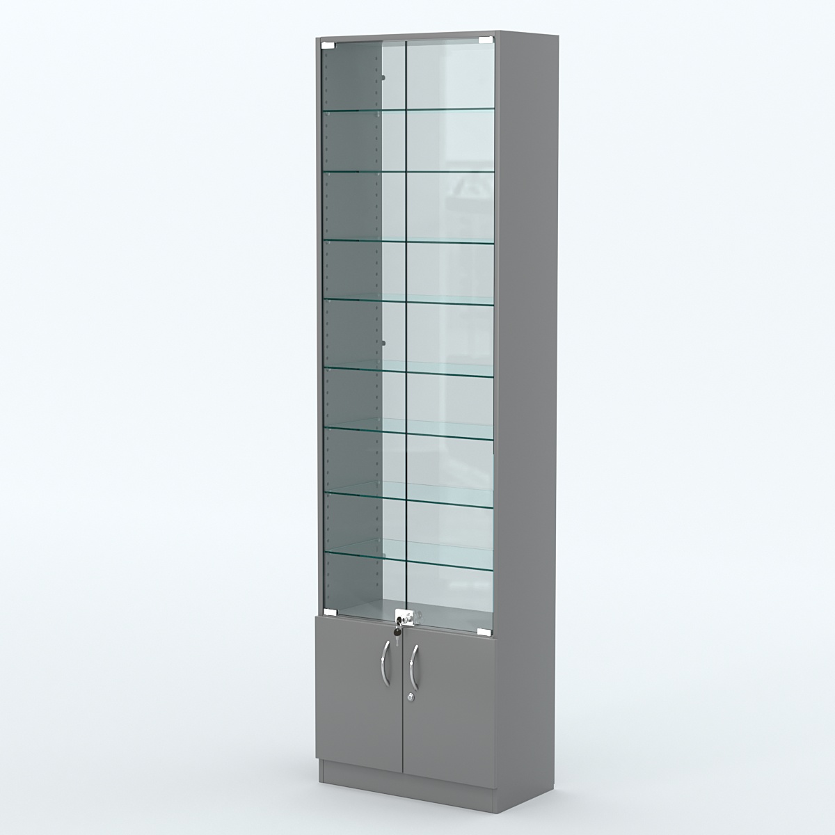 Торговая витрина с 8-ю стеклянными полками 300x600 мм серии NEXT-8 №5-1 (З/C - СТЕКЛО) Темно-Серый