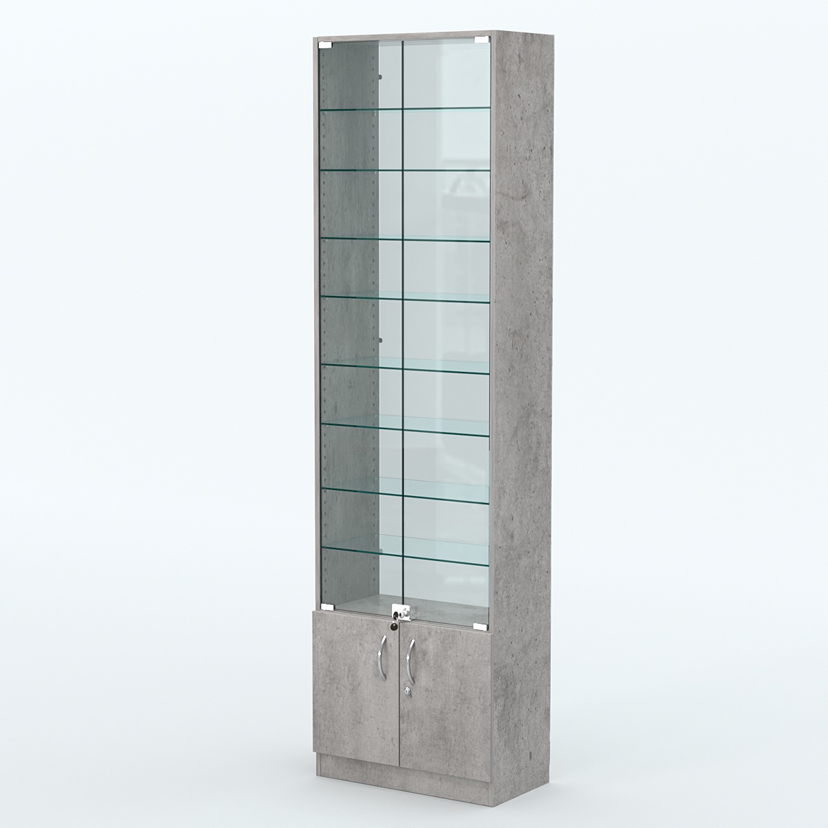 Торговая витрина с 8-ю стеклянными полками 300x600 мм серии NEXT-8 №5-1 (З/C - СТЕКЛО) Бетон Чикаго светло-серый F186 ST9