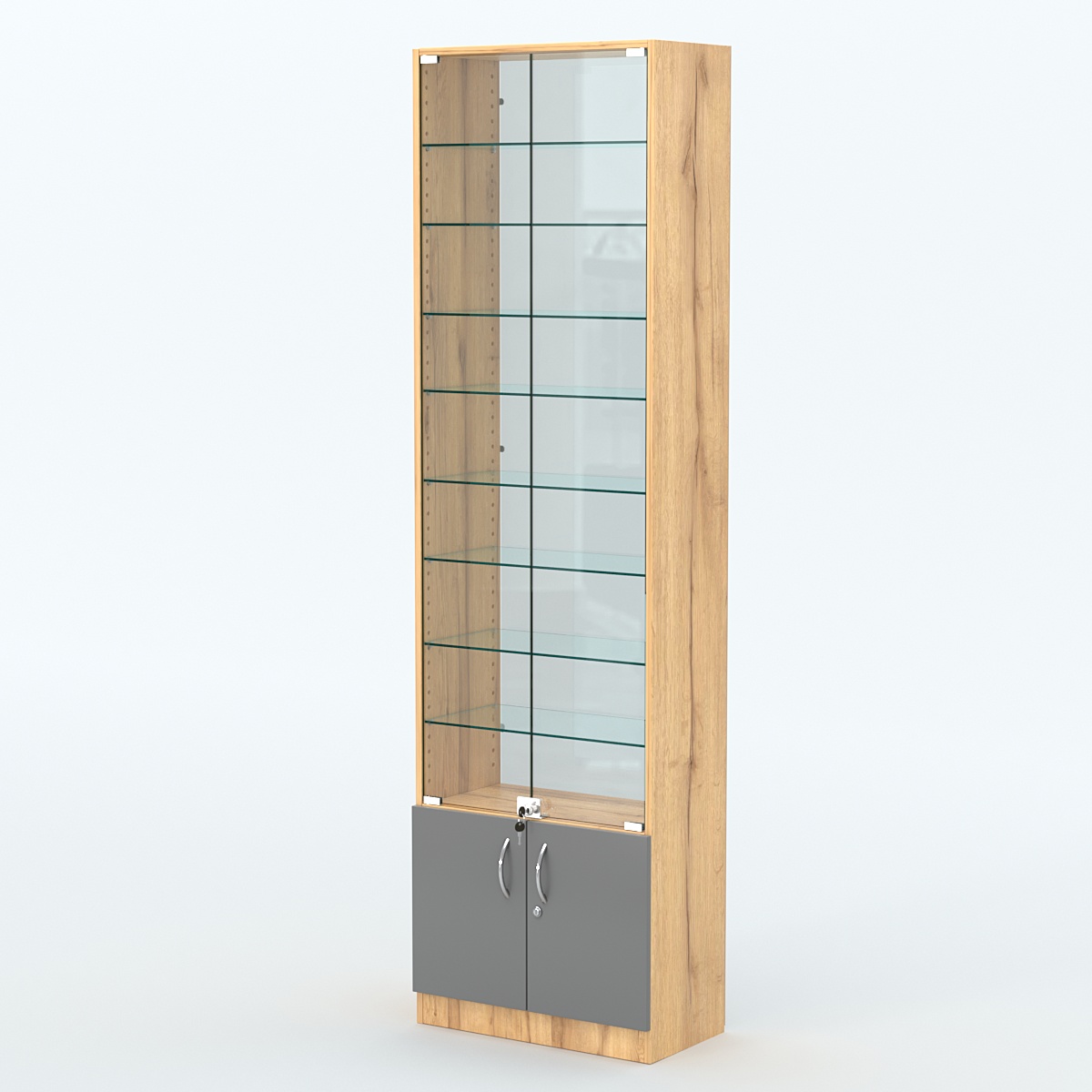 Торговая витрина с 8-ю стеклянными полками 300x600 мм серии NEXT-8 №5-1 (З/C - СТЕКЛО) Дуб Золотистый и Темно-Серый