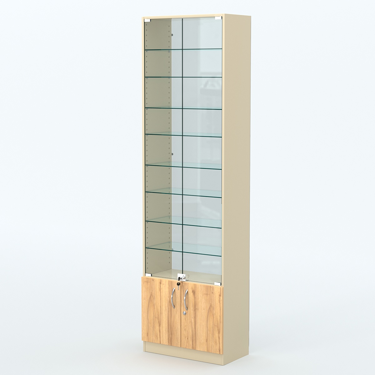 Торговая витрина с 8-ю стеклянными полками 300x600 мм серии NEXT-8 №5-1 (З/C - СТЕКЛО) Крем Вайс и Дуб Золотистый