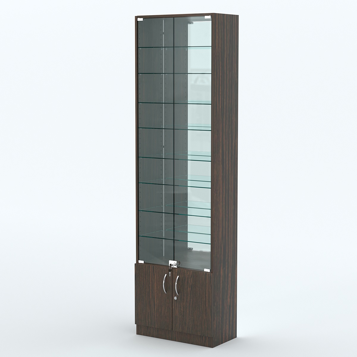 Торговая витрина с 8-ю стеклянными полками 300x600 мм серии NEXT-8 №5-2 (З/C - ЗЕРКАЛО) Дуб Венге