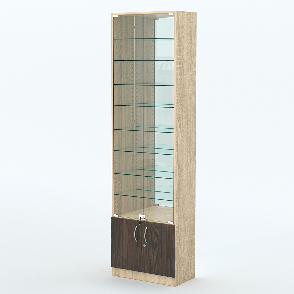 Торговая витрина с 8-ю стеклянными полками 300x600 мм серии NEXT-8 №5-2 (З/C - ЗЕРКАЛО) Дуб Сонома + Дуб Венге