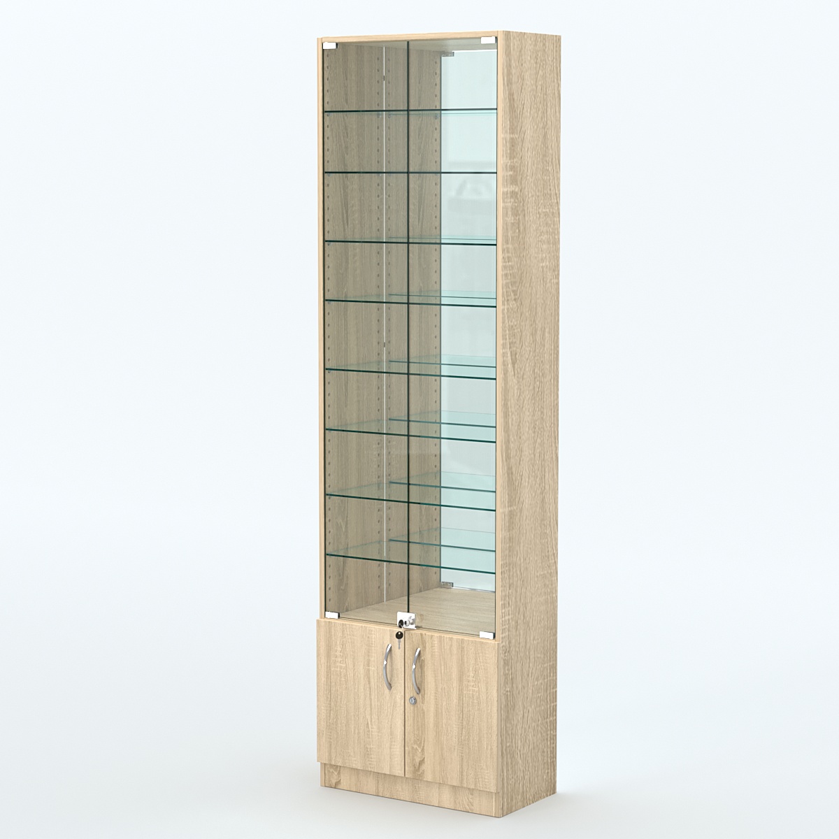 Торговая витрина с 8-ю стеклянными полками 300x600 мм серии NEXT-8 №5-2 (З/C - ЗЕРКАЛО) Дуб сонома