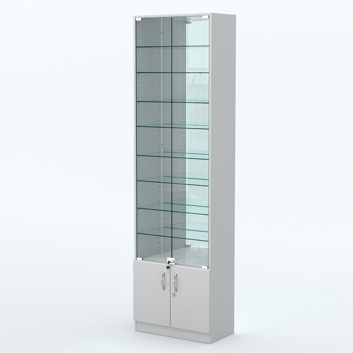 Торговая витрина с 8-ю стеклянными полками 300x600 мм серии NEXT-8 №5-2 (З/C - ЗЕРКАЛО) Серый