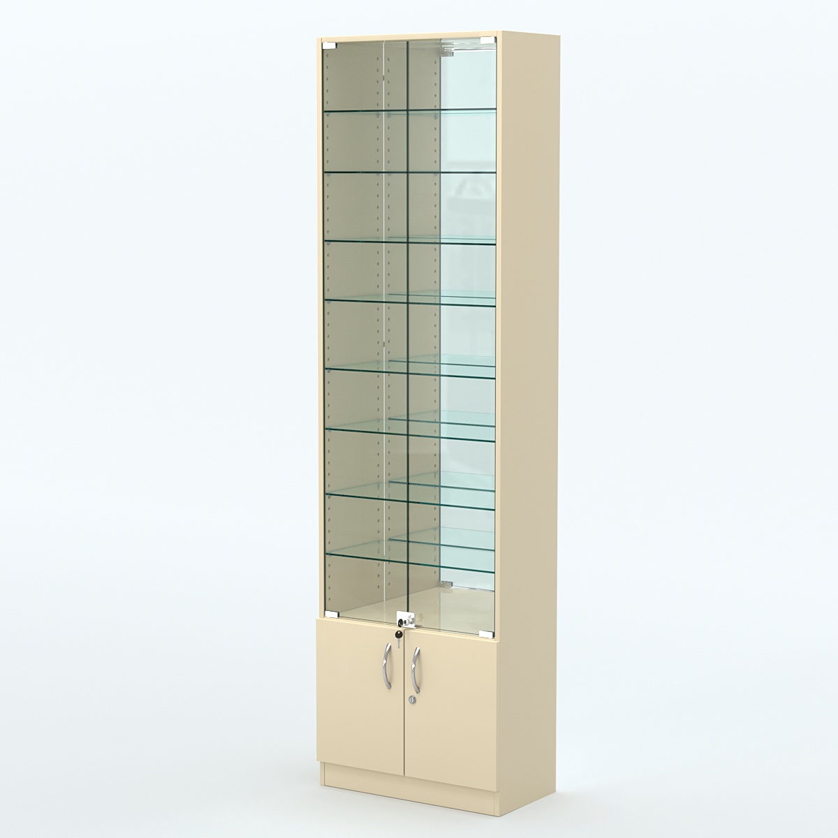 Торговая витрина с 8-ю стеклянными полками 300x600 мм серии NEXT-8 №5-2 (З/C - ЗЕРКАЛО) Крем Вайс