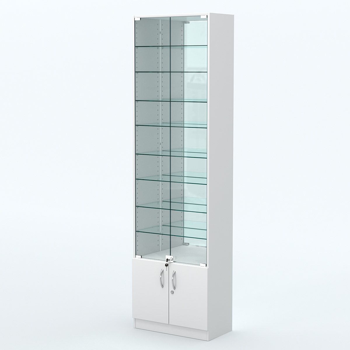 Торговая витрина с 8-ю стеклянными полками 300x600 мм серии NEXT-8 №5-2 (З/C - ЗЕРКАЛО) Белый