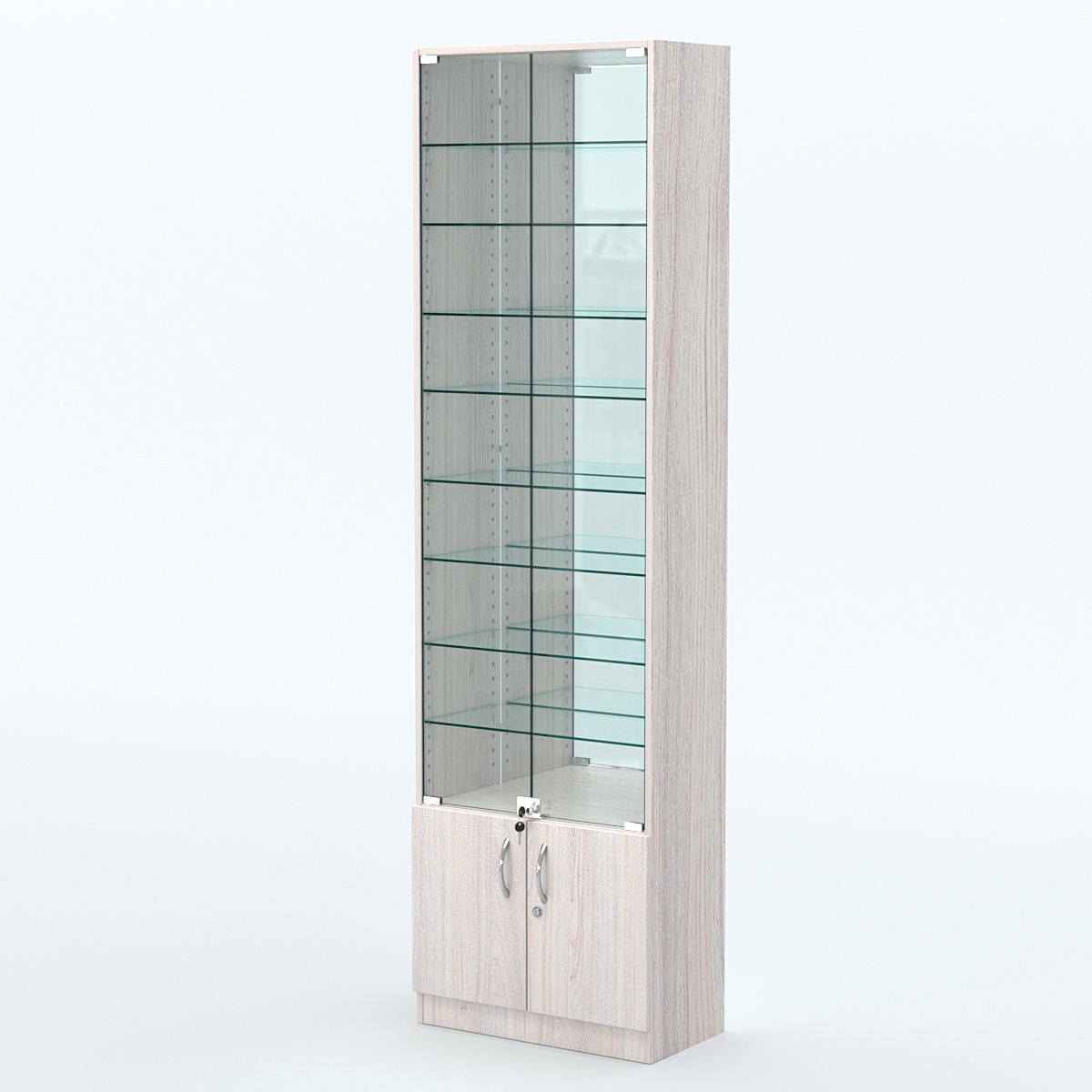 Торговая витрина с 8-ю стеклянными полками 300x600 мм серии NEXT-8 №5-2 (З/C - ЗЕРКАЛО) Ясень Анкор светлый