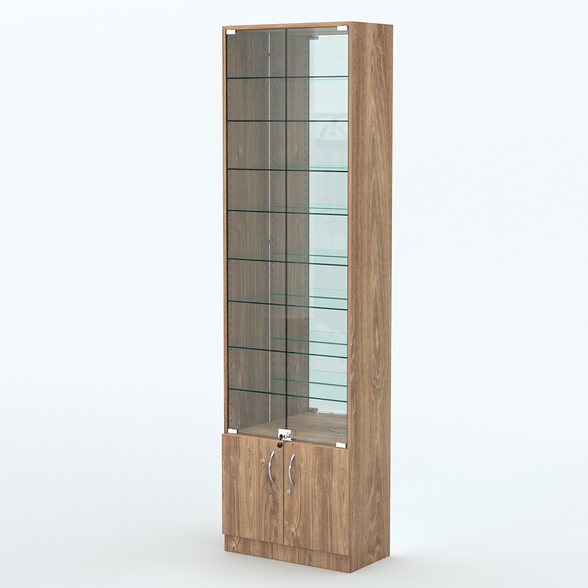 Торговая витрина с 8-ю стеклянными полками 300x600 мм серии NEXT-8 №5-2 (З/C - ЗЕРКАЛО) Дуб Канзас коричневый