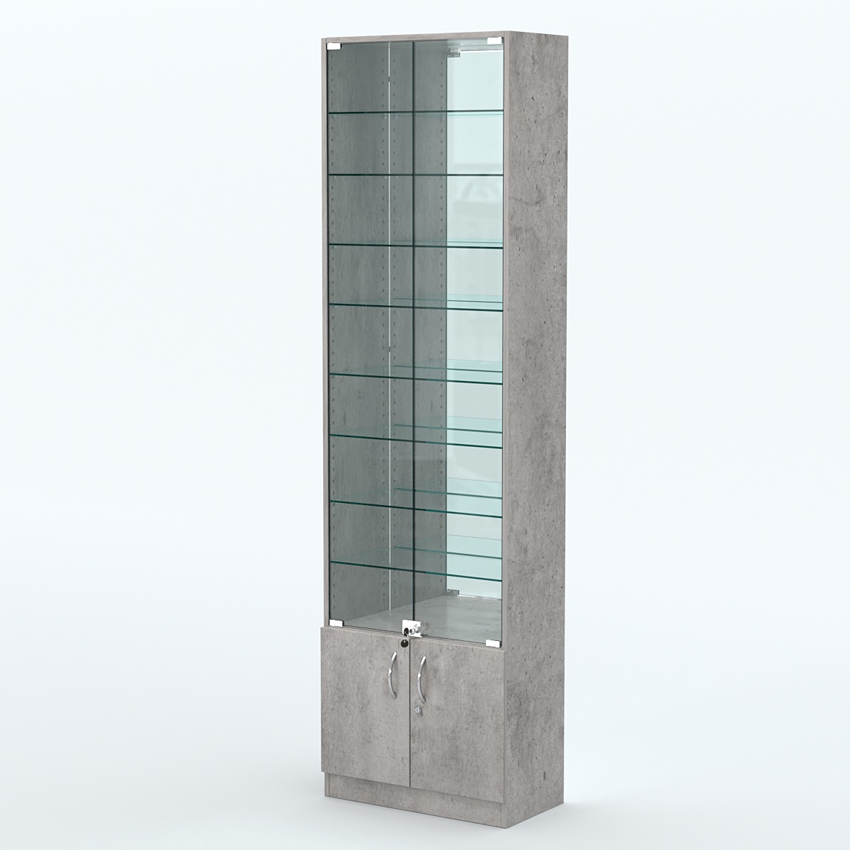 Торговая витрина с 8-ю стеклянными полками 300x600 мм серии NEXT-8 №5-2 (З/C - ЗЕРКАЛО) Бетон Чикаго светло-серый F186 ST9