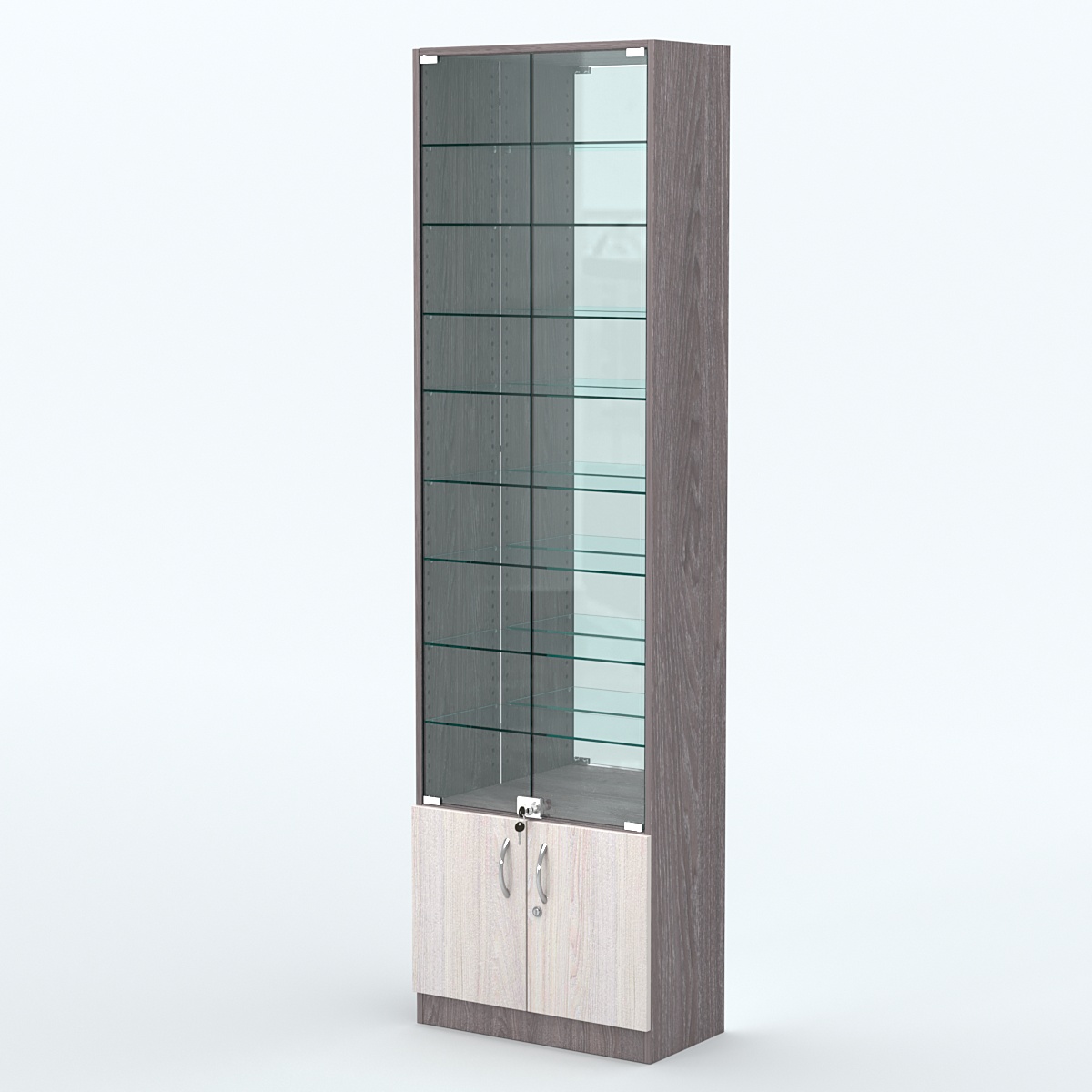 Торговая витрина с 8-ю стеклянными полками 300x600 мм серии NEXT-8 №5-2 (З/C - ЗЕРКАЛО) Ясень Анкор темный + Ясень Анкор светлый