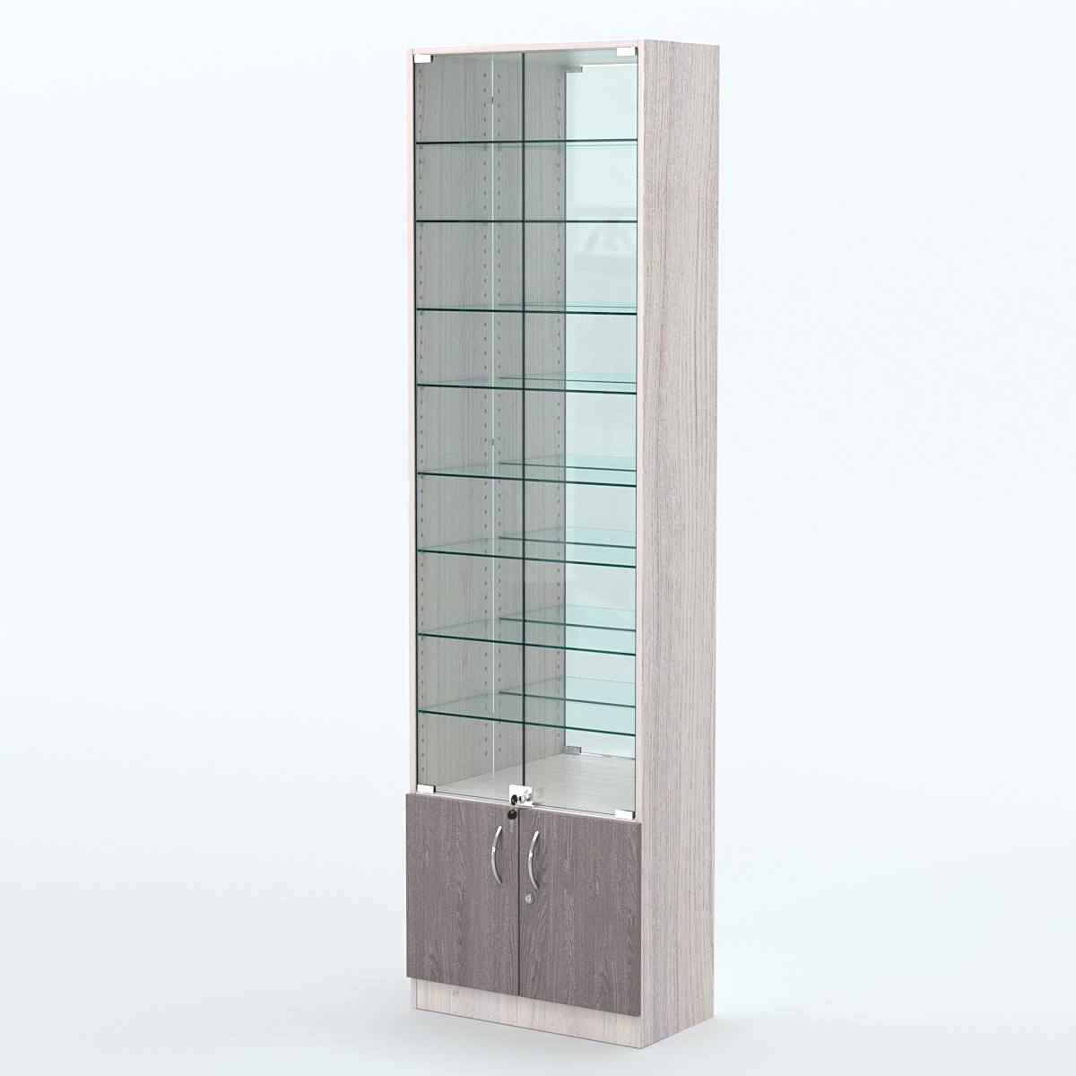 Торговая витрина с 8-ю стеклянными полками 300x600 мм серии NEXT-8 №5-2 (З/C - ЗЕРКАЛО) Ясень Анкор светлый + Ясень Анкор темный