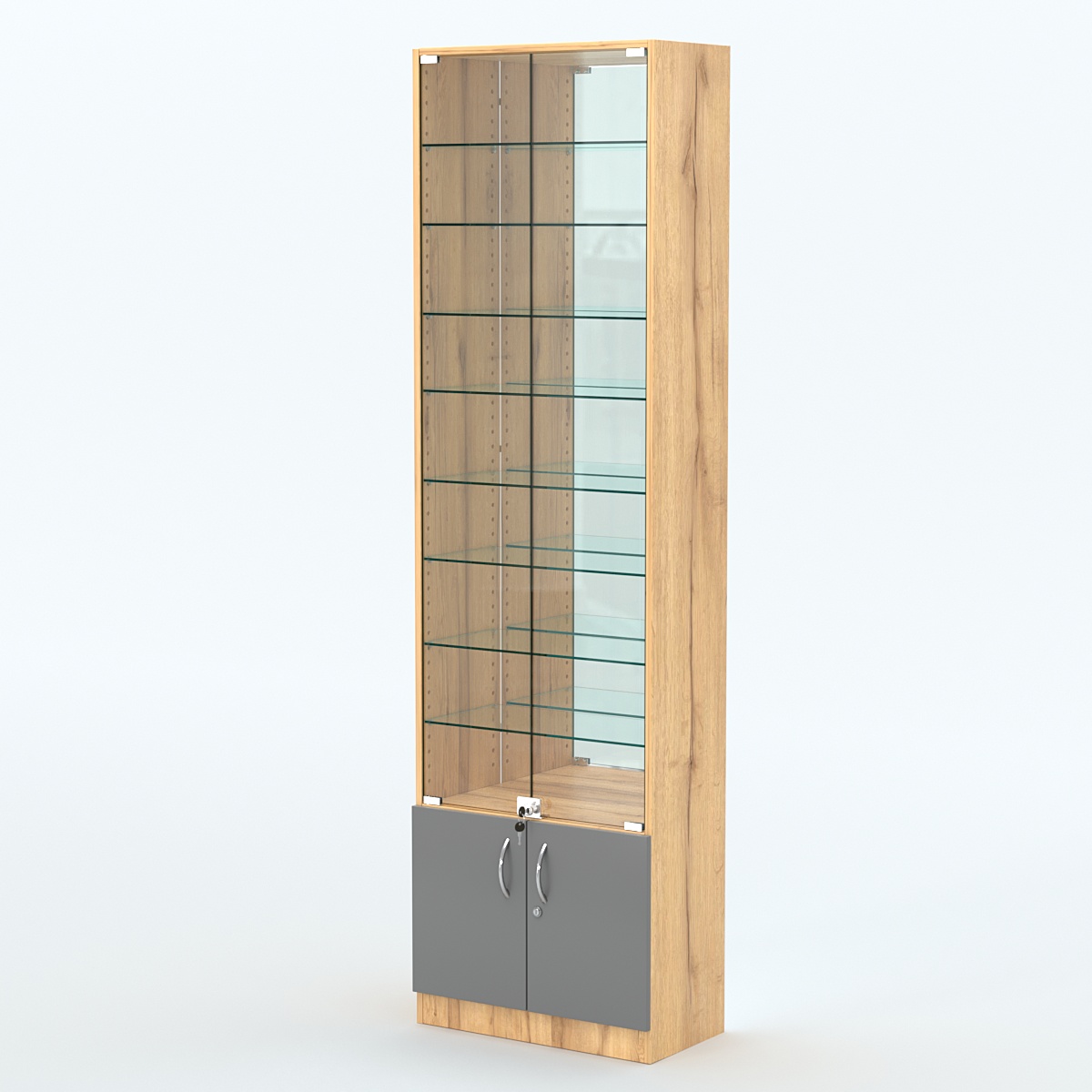 Торговая витрина с 8-ю стеклянными полками 300x600 мм серии NEXT-8 №5-2 (З/C - ЗЕРКАЛО) Дуб Золотистый и Темно-Серый