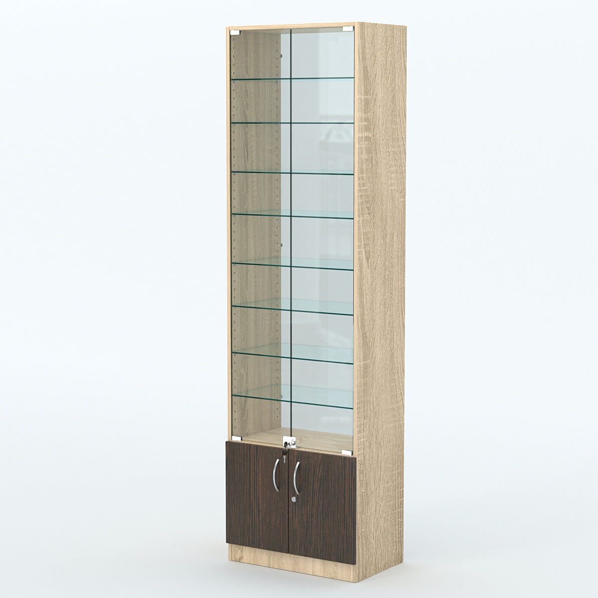 Торговая витрина с 8-ю стеклянными полками 350x600 мм серии NEXT-8 №6-1 (З/C - СТЕКЛО) Дуб Сонома + Дуб Венге