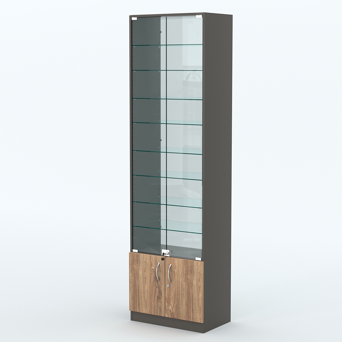 Торговая витрина с 8-ю стеклянными полками 350x600 мм серии NEXT-8 №6-1 (З/C - СТЕКЛО) Черный + Дуб Канзас Коричневый