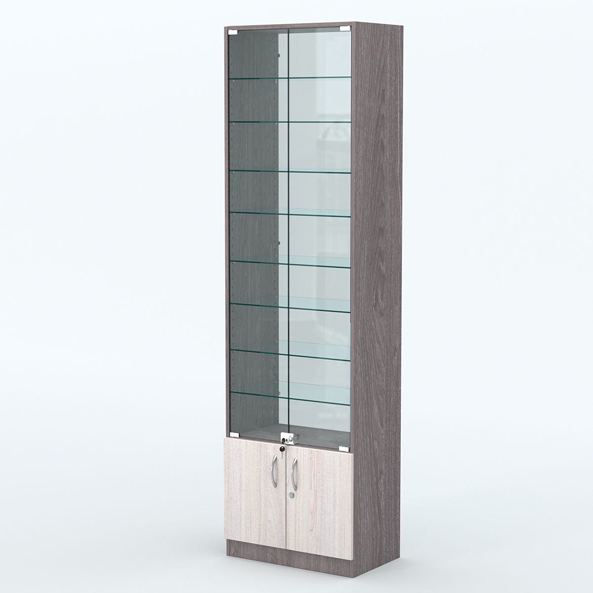 Торговая витрина с 8-ю стеклянными полками 350x600 мм серии NEXT-8 №6-1 (З/C - СТЕКЛО) Ясень Анкор темный + Ясень Анкор светлый