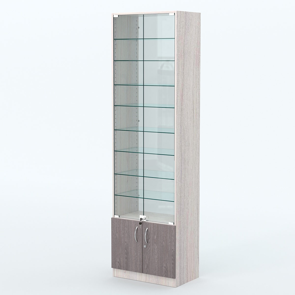 Торговая витрина с 8-ю стеклянными полками 350x600 мм серии NEXT-8 №6-1 (З/C - СТЕКЛО) Ясень Анкор светлый + Ясень Анкор темный