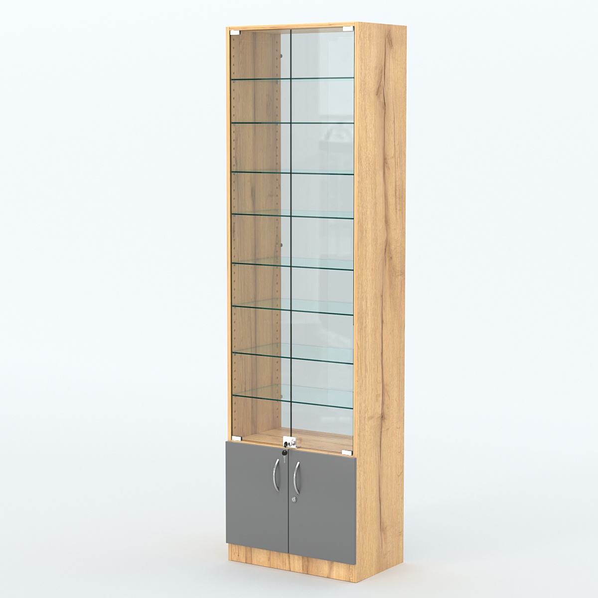 Торговая витрина с 8-ю стеклянными полками 350x600 мм серии NEXT-8 №6-1 (З/C - СТЕКЛО) Дуб Золотистый и Темно-Серый