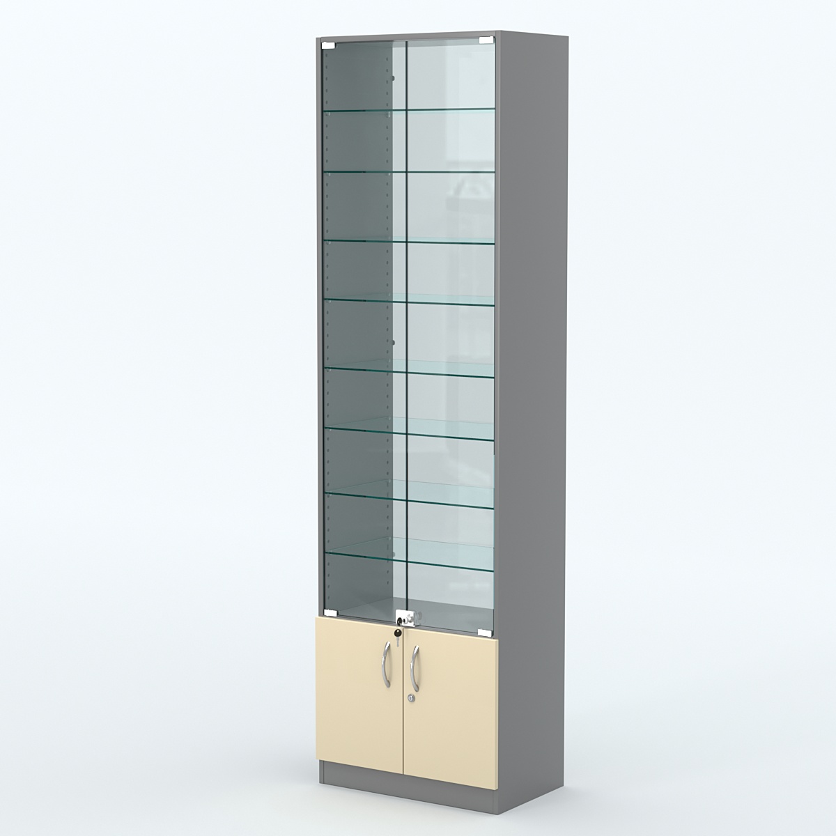 Торговая витрина с 8-ю стеклянными полками 350x600 мм серии NEXT-8 №6-1 (З/C - СТЕКЛО) Темно-серый + Крем Вайс