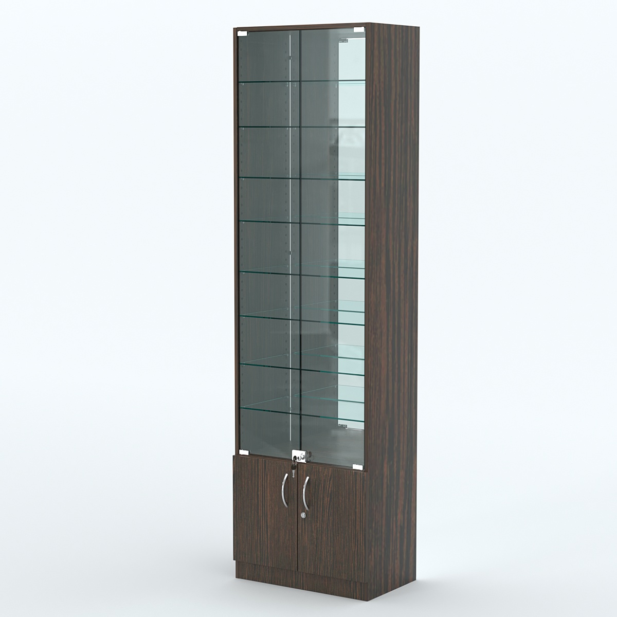 Торговая витрина с 8-ю стеклянными полками 350x600 мм серии NEXT-8 №6-2 (З/C - ЗЕРКАЛО) Дуб Венге
