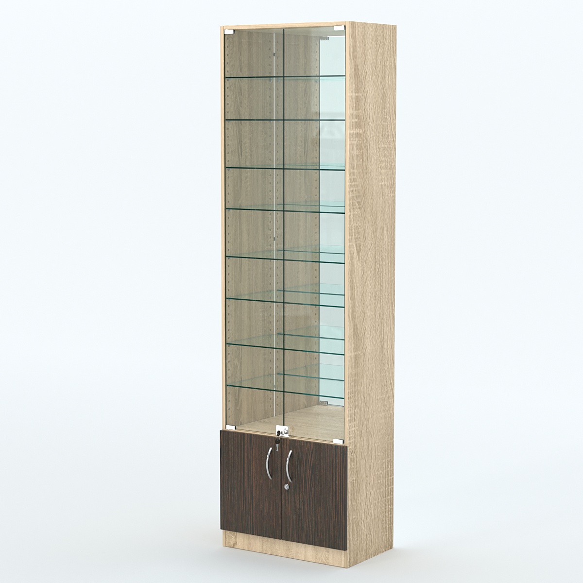 Торговая витрина с 8-ю стеклянными полками 350x600 мм серии NEXT-8 №6-2 (З/C - ЗЕРКАЛО) Дуб Сонома + Дуб Венге