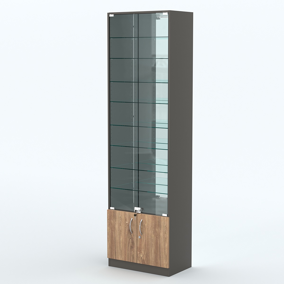 Торговая витрина с 8-ю стеклянными полками 350x600 мм серии NEXT-8 №6-2 (З/C - ЗЕРКАЛО) Черный + Дуб Канзас Коричневый