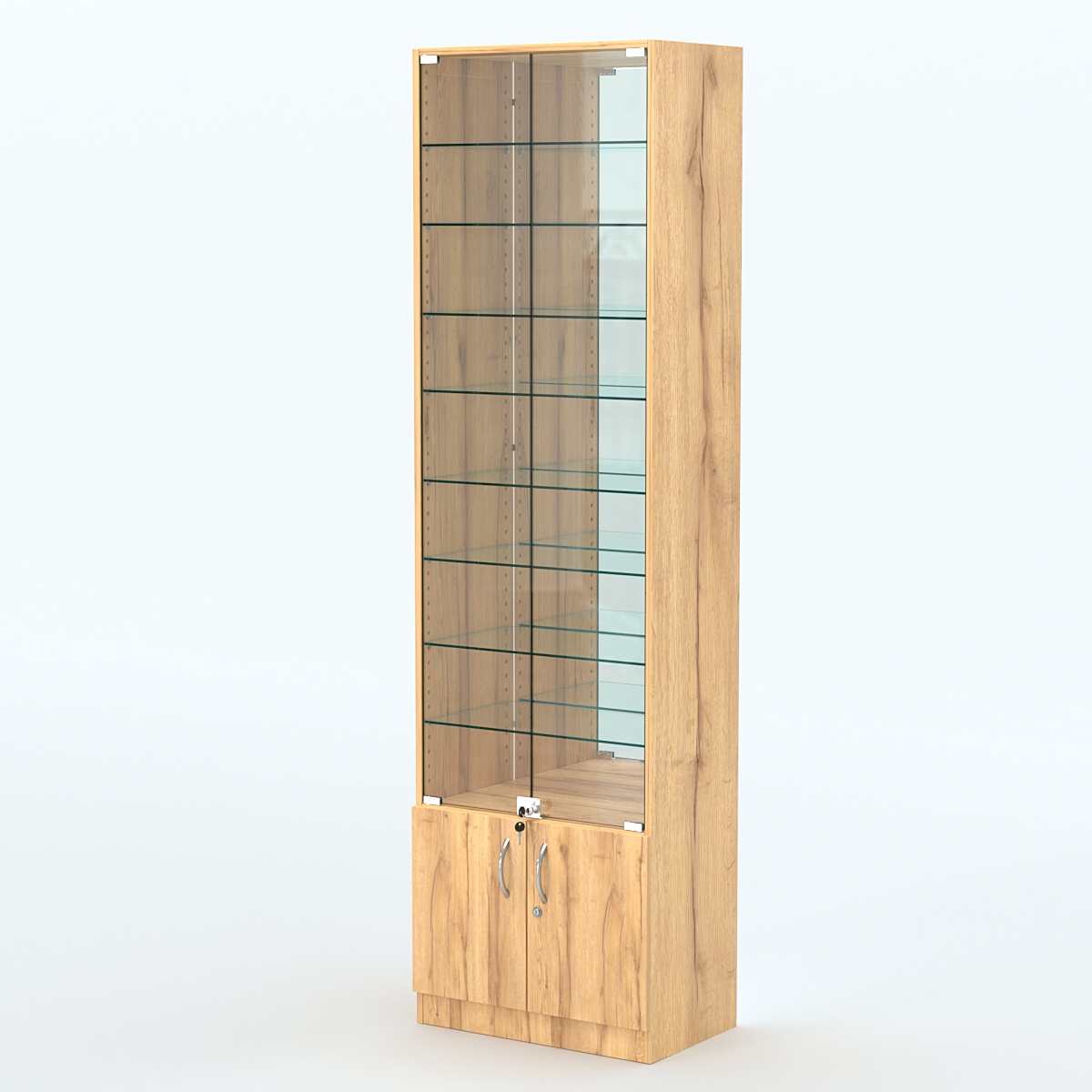 Торговая витрина с 8-ю стеклянными полками 350x600 мм серии NEXT-8 №6-2 (З/C - ЗЕРКАЛО) Дуб Золотистый