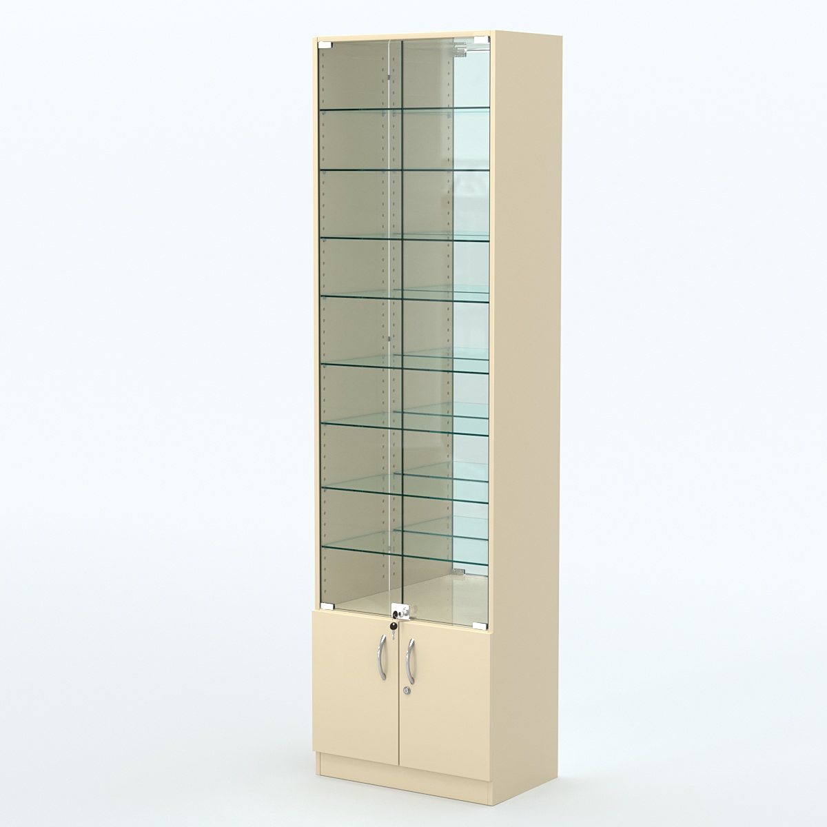 Торговая витрина с 8-ю стеклянными полками 350x600 мм серии NEXT-8 №6-2 (З/C - ЗЕРКАЛО) Крем Вайс