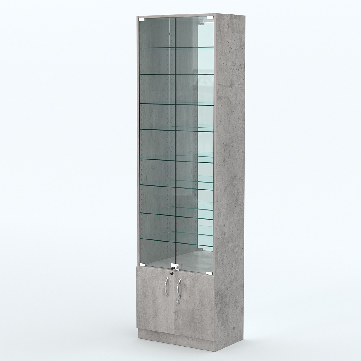 Торговая витрина с 8-ю стеклянными полками 350x600 мм серии NEXT-8 №6-2 (З/C - ЗЕРКАЛО) Бетон Чикаго светло-серый F186 ST9
