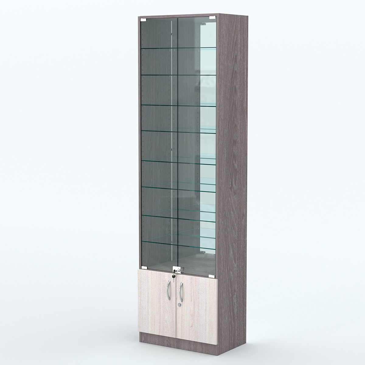 Торговая витрина с 8-ю стеклянными полками 350x600 мм серии NEXT-8 №6-2 (З/C - ЗЕРКАЛО) Ясень Анкор темный + Ясень Анкор светлый