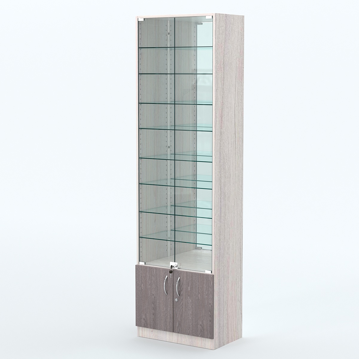 Торговая витрина с 8-ю стеклянными полками 350x600 мм серии NEXT-8 №6-2 (З/C - ЗЕРКАЛО) Ясень Анкор светлый + Ясень Анкор темный