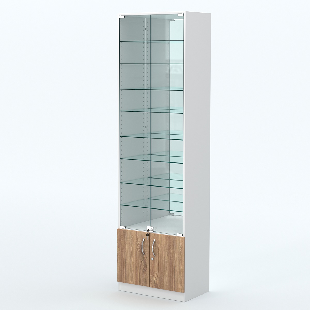 Торговая витрина с 8-ю стеклянными полками 350x600 мм серии NEXT-8 №6-2 (З/C - ЗЕРКАЛО) Белый + Дуб канзас коричневый