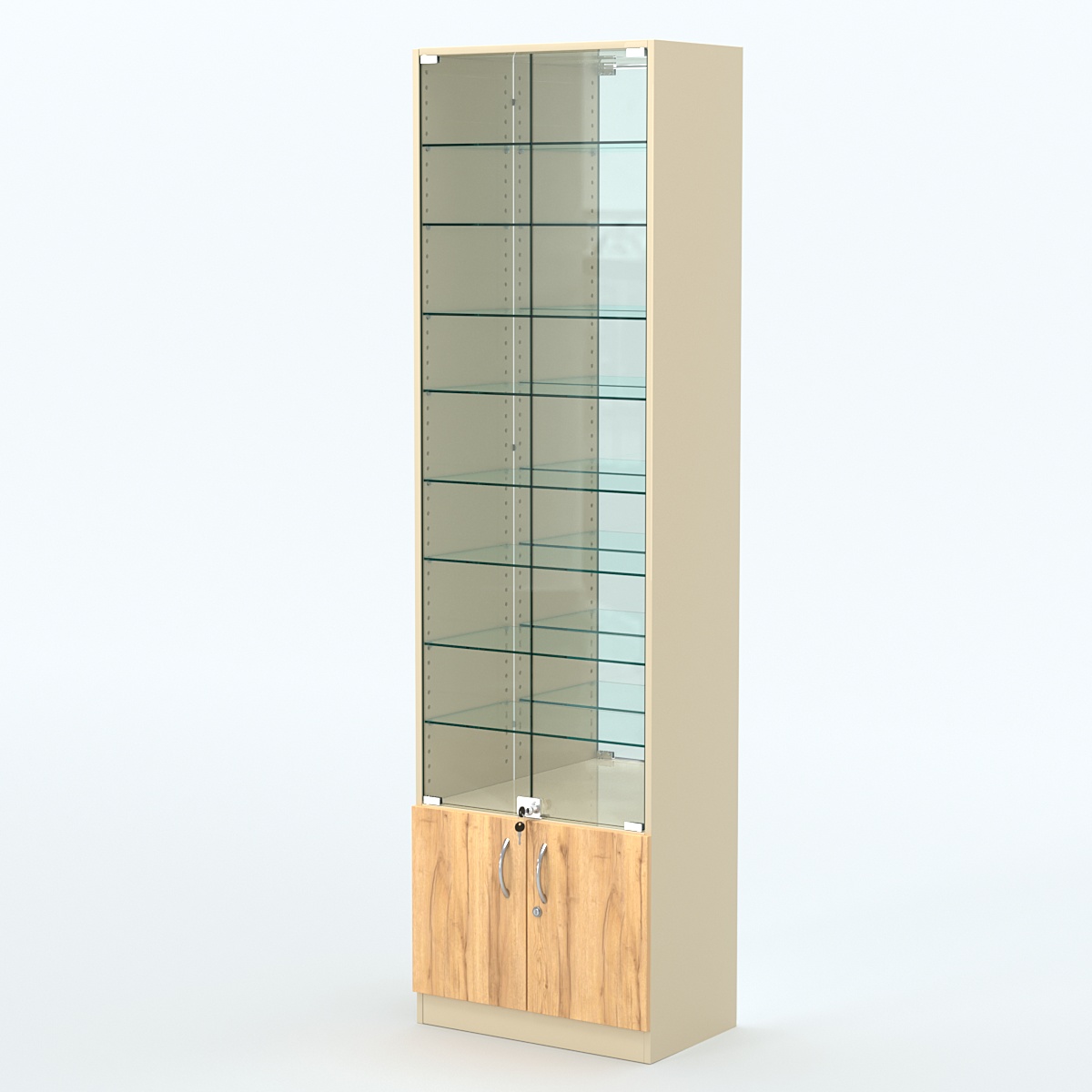 Торговая витрина с 8-ю стеклянными полками 350x600 мм серии NEXT-8 №6-2 (З/C - ЗЕРКАЛО) Крем Вайс и Дуб Золотистый