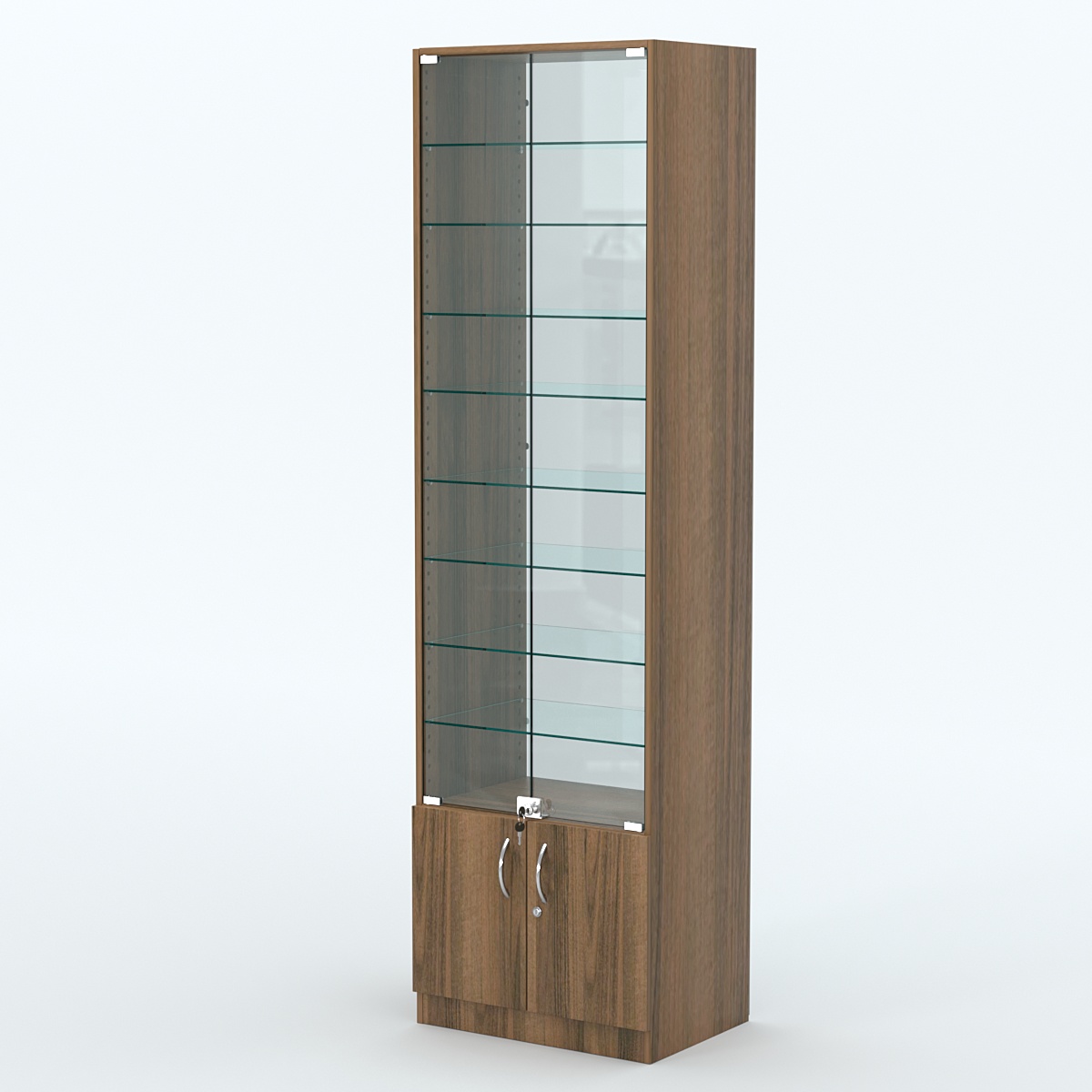 Торговая витрина с 8-ю стеклянными полками 400x600 мм серии NEXT-8 №7-1 (З/C - СТЕКЛО) Орех