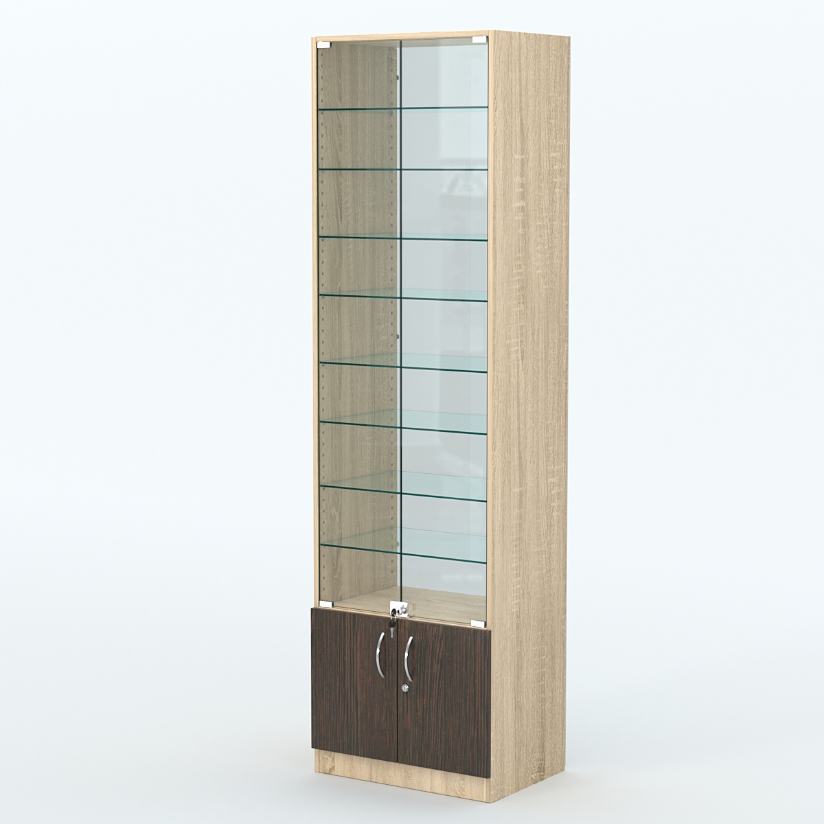 Торговая витрина с 8-ю стеклянными полками 400x600 мм серии NEXT-8 №7-1 (З/C - СТЕКЛО) Дуб Сонома + Дуб Венге