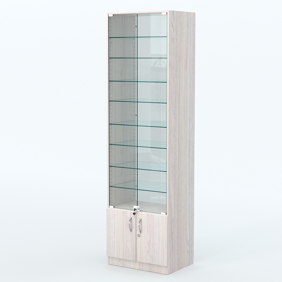 Торговая витрина с 8-ю стеклянными полками 400x600 мм серии NEXT-8 №7-1 (З/C - СТЕКЛО) Ясень Анкор светлый