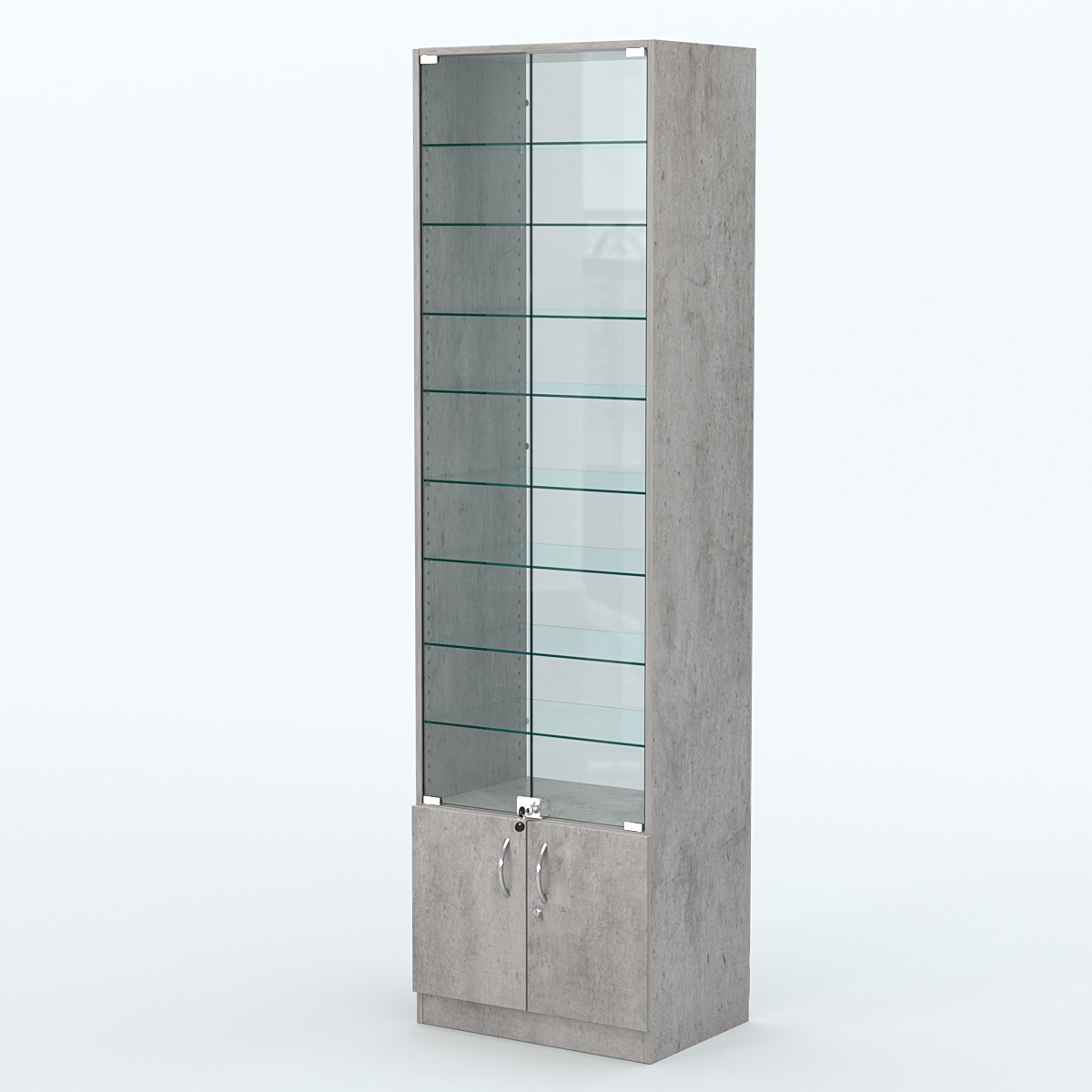 Торговая витрина с 8-ю стеклянными полками 400x600 мм серии NEXT-8 №7-1 (З/C - СТЕКЛО) Бетон Чикаго светло-серый F186 ST9