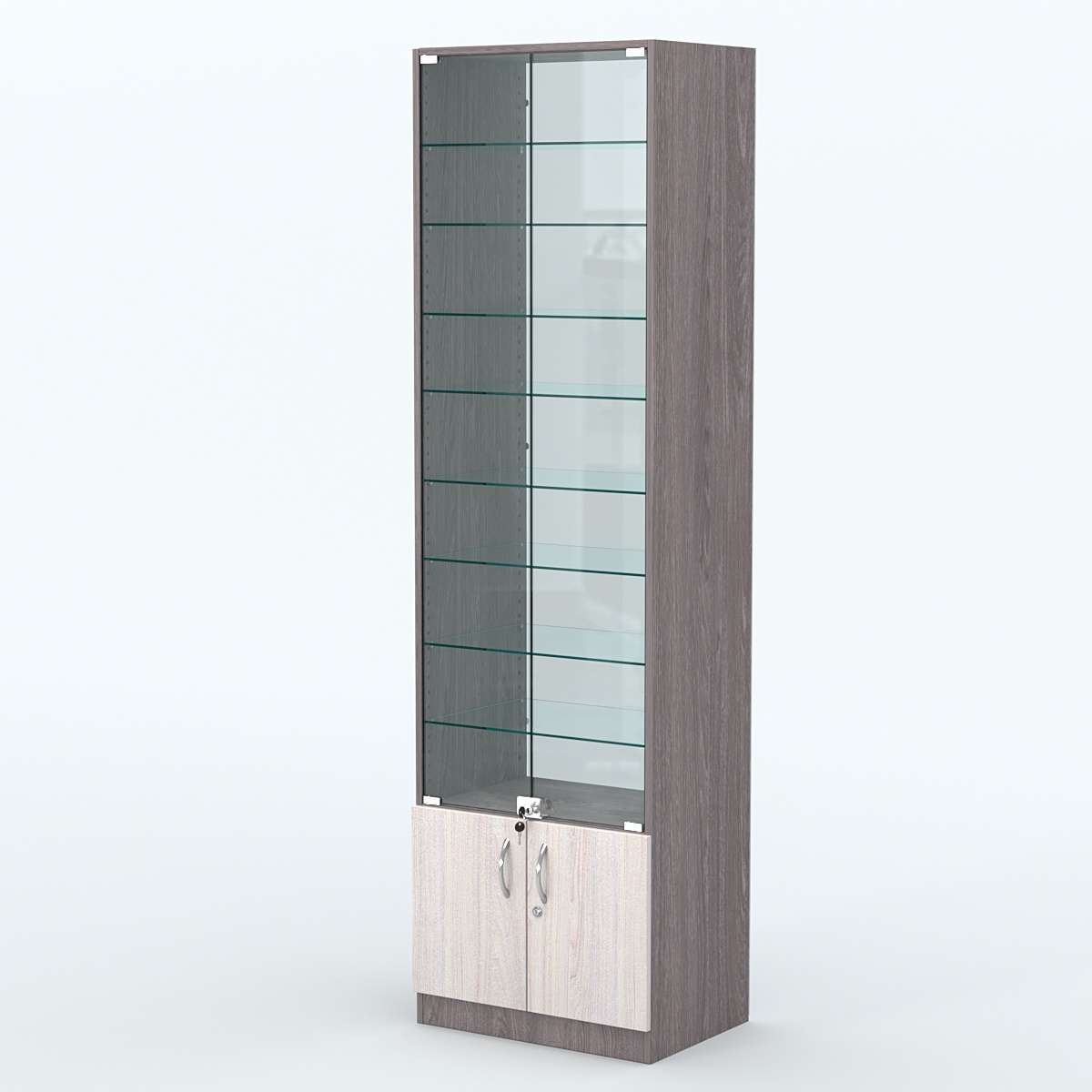 Торговая витрина с 8-ю стеклянными полками 400x600 мм серии NEXT-8 №7-1 (З/C - СТЕКЛО) Ясень Анкор темный + Ясень Анкор светлый